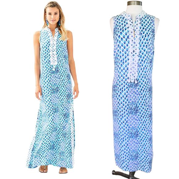 LILLY PULITZER Jane Maxi Dress Size 16+ *ALTERED Up & Shortened* Blue Pineapple - Picture 1 of 15